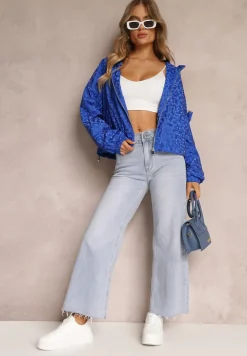 Granatowa Kurtka z Zasuwaną Kieszonką na Rękawie i Nieodpinanym Kapturem Evarria