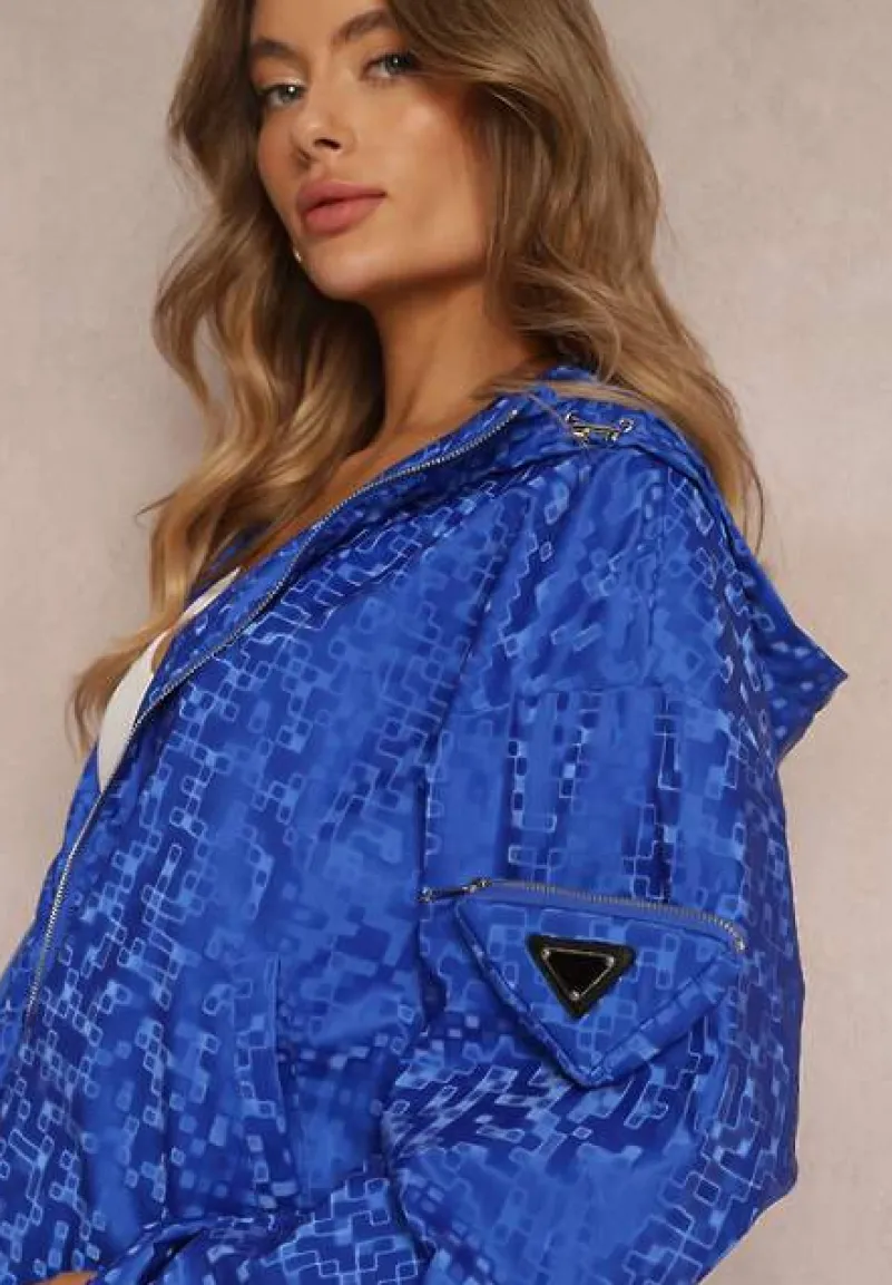 Granatowa Kurtka z Zasuwaną Kieszonką na Rękawie i Nieodpinanym Kapturem Evarria