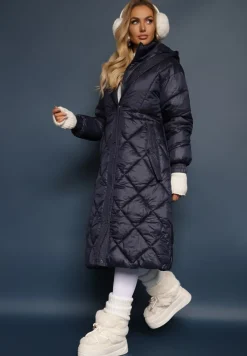 Granatowa Kurtka za Kolano Pikowana z Wiązanym Paskiem Cealia