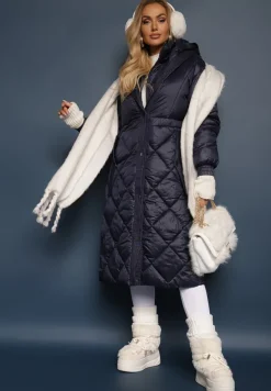 Granatowa Kurtka za Kolano Pikowana z Wiązanym Paskiem Cealia