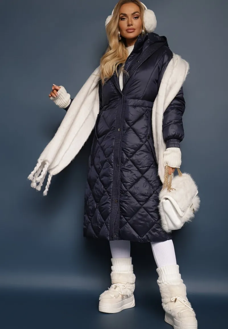 Granatowa Kurtka za Kolano Pikowana z Wiązanym Paskiem Cealia