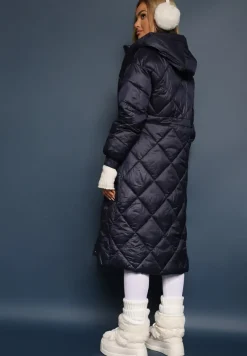 Granatowa Kurtka za Kolano Pikowana z Wiązanym Paskiem Cealia