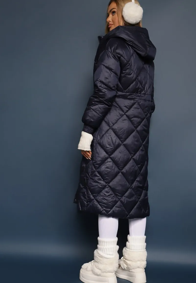 Granatowa Kurtka za Kolano Pikowana z Wiązanym Paskiem Cealia