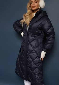 Granatowa Kurtka za Kolano Pikowana z Wiązanym Paskiem Cealia