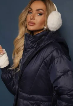 Granatowa Kurtka za Kolano Pikowana z Wiązanym Paskiem Cealia