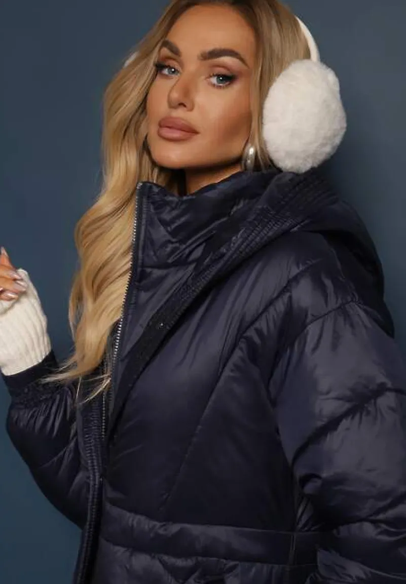 Granatowa Kurtka za Kolano Pikowana z Wiązanym Paskiem Cealia