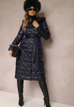 Granatowa Kurtka za Kolano z Wiązanym Paskiem i Kapturem Feome