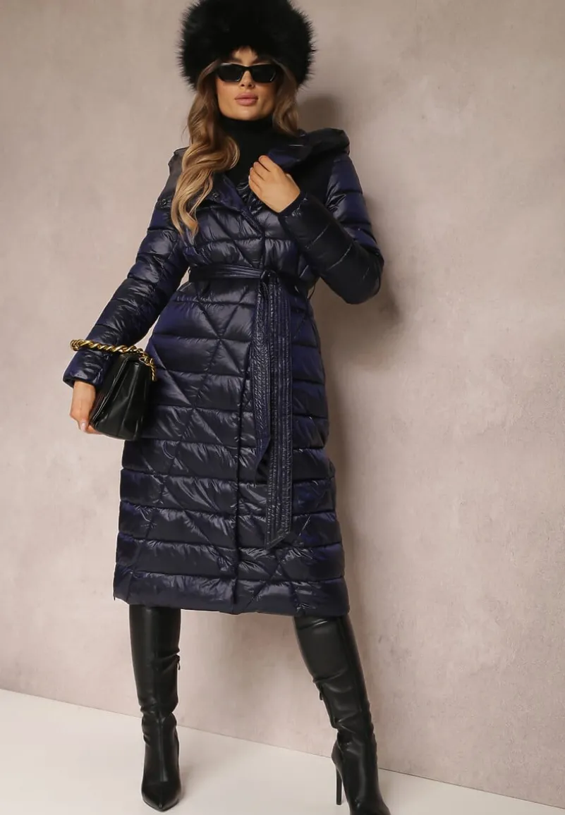 Granatowa Kurtka za Kolano z Wiązanym Paskiem i Kapturem Feome