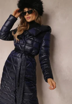 Granatowa Kurtka za Kolano z Wiązanym Paskiem i Kapturem Feome