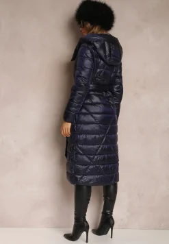 Granatowa Kurtka za Kolano z Wiązanym Paskiem i Kapturem Feome
