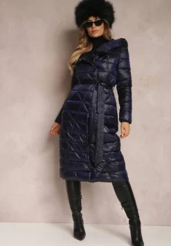 Granatowa Kurtka za Kolano z Wiązanym Paskiem i Kapturem Feome