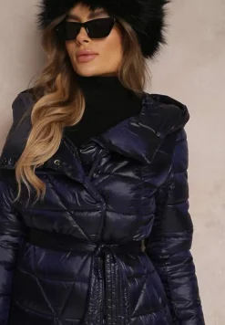 Granatowa Kurtka za Kolano z Wiązanym Paskiem i Kapturem Feome