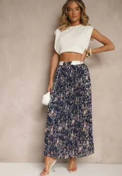 Granatowa Kwiecista Spódnica Rozkloszowana z Plisami Zdobiona Metalicznym Nadrukiem Folonissa