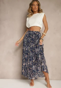 Granatowa Kwiecista Spódnica Rozkloszowana z Plisami Zdobiona Metalicznym Nadrukiem Folonissa