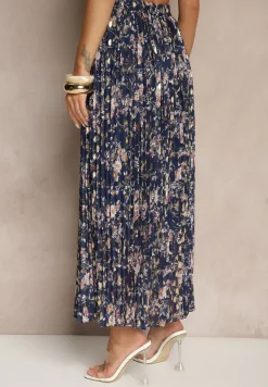Granatowa Kwiecista Spódnica Rozkloszowana z Plisami Zdobiona Metalicznym Nadrukiem Folonissa