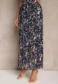 Granatowa Kwiecista Spódnica Rozkloszowana z Plisami Zdobiona Metalicznym Nadrukiem Folonissa