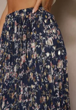 Granatowa Kwiecista Spódnica Rozkloszowana z Plisami Zdobiona Metalicznym Nadrukiem Folonissa