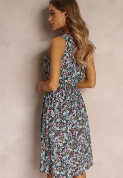 Granatowa Kwiecista Sukienka Midi z Wiskozy Bez Rękawów z Gumkami w Talii Sarunna