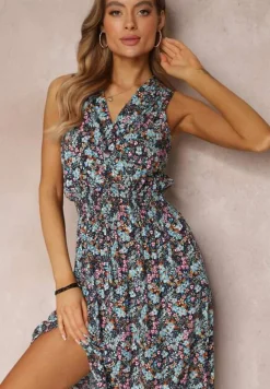 Granatowa Kwiecista Sukienka Midi z Wiskozy Bez Rękawów z Gumkami w Talii Sarunna