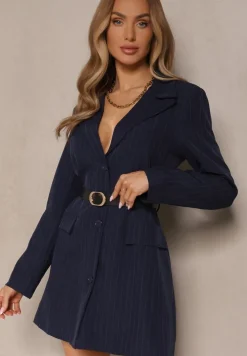Granatowa Marynarkowa Sukienka z Wiskozą i Usztywnionymi Ramionami w Paski Nevarae