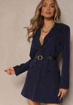 Granatowa Marynarkowa Sukienka z Wiskozą i Usztywnionymi Ramionami w Paski Nevarae