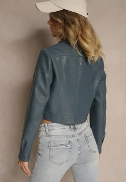 Granatowa Motocyklowa Kurtka o Kroju Ramoneski z Klamerką Zollia