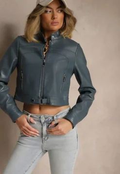 Granatowa Motocyklowa Kurtka o Kroju Ramoneski z Klamerką Zollia