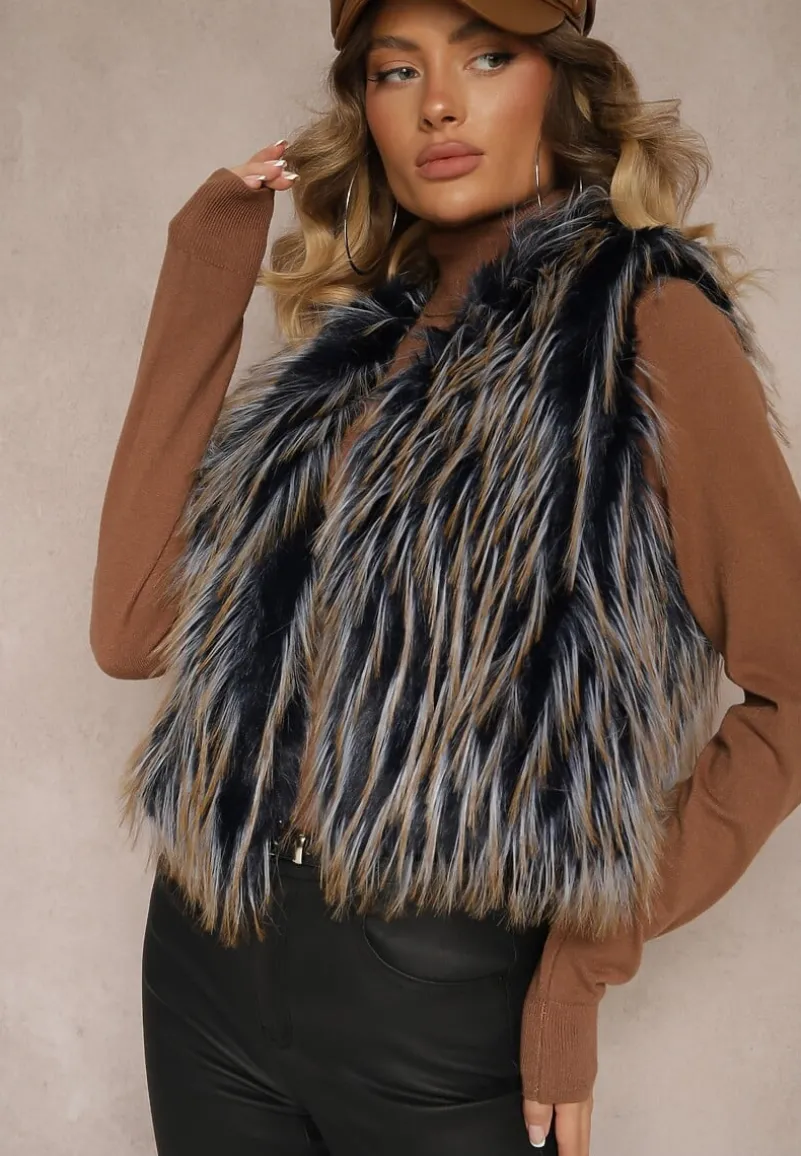 Granatowa Niezapinana Kamizelka Futerko Heleeti