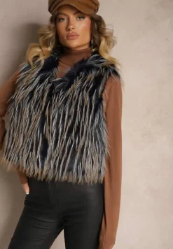 Granatowa Niezapinana Kamizelka Futerko Heleeti