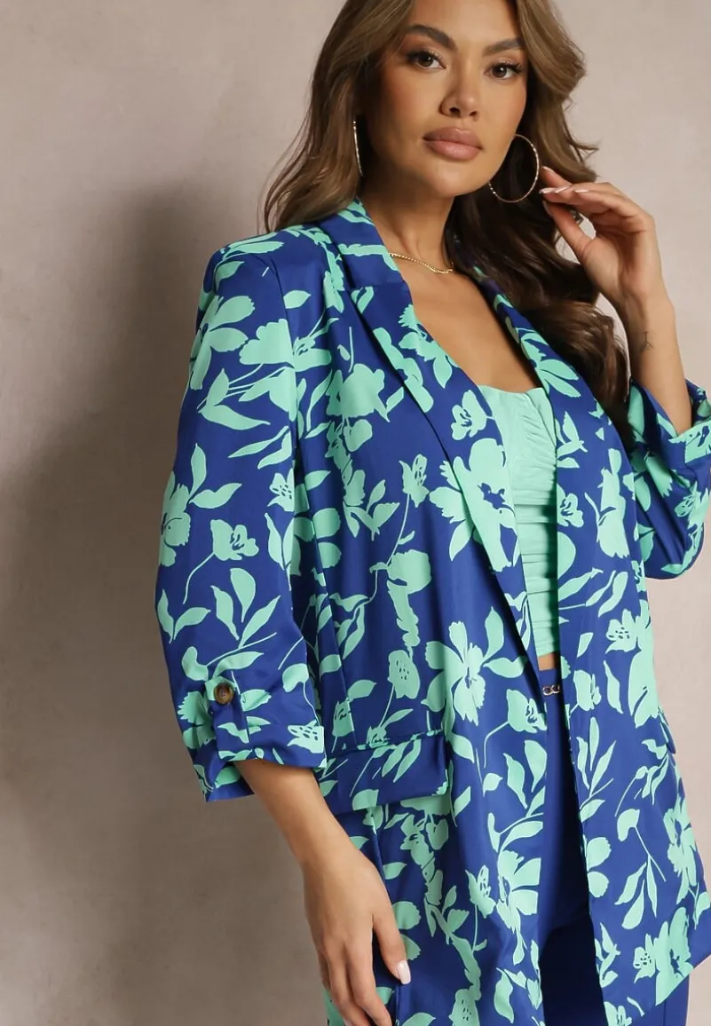 Granatowa Niezapinana Marynarka z Regulowanym Rękawem Wykończona Kieszeniami z Klapami Drakenbora