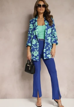 Granatowa Niezapinana Marynarka z Regulowanym Rękawem Wykończona Kieszeniami z Klapami Drakenbora