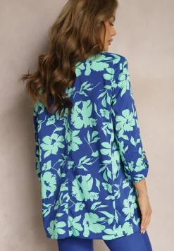 Granatowa Niezapinana Marynarka z Regulowanym Rękawem Wykończona Kieszeniami z Klapami Drakenbora