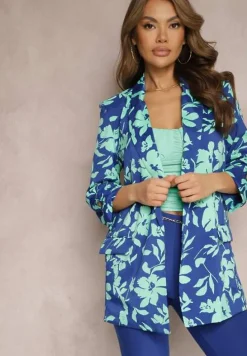 Granatowa Niezapinana Marynarka z Regulowanym Rękawem Wykończona Kieszeniami z Klapami Drakenbora