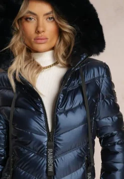 Granatowa Ocieplona Kurtka Pikowana z Kapturem i Futrzanym Kołnierzem Varella