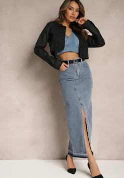 Granatowa Ołówkowa Spódnica Jeansowa z Ozdobnym Rozcięciem Lefrana