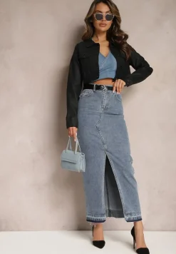 Granatowa Ołówkowa Spódnica Jeansowa z Ozdobnym Rozcięciem Lefrana