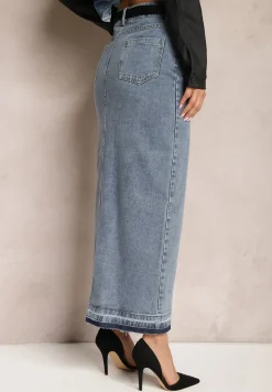 Granatowa Ołówkowa Spódnica Jeansowa z Ozdobnym Rozcięciem Lefrana