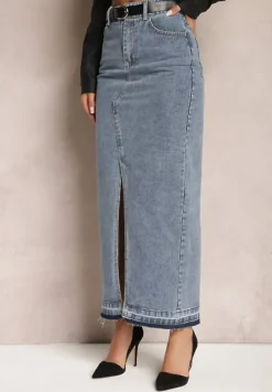 Granatowa Ołówkowa Spódnica Jeansowa z Ozdobnym Rozcięciem Lefrana