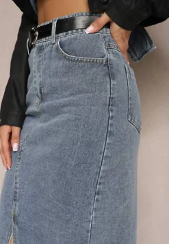 Granatowa Ołówkowa Spódnica Jeansowa z Ozdobnym Rozcięciem Lefrana