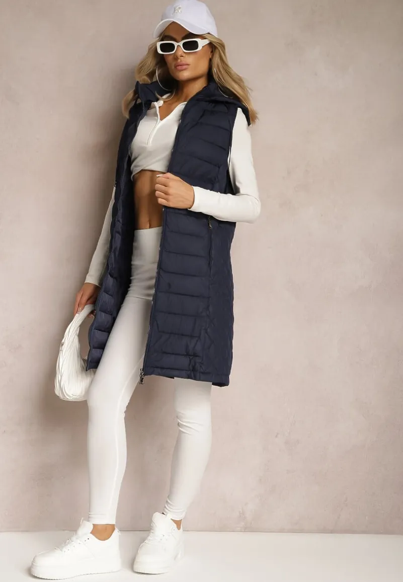 Granatowa Pikowana Kamizelka z Odpinanym Kapturem Lasathi