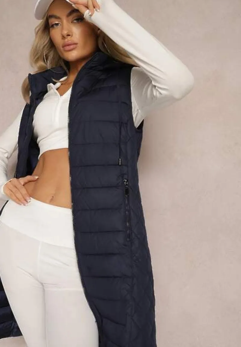 Granatowa Pikowana Kamizelka z Odpinanym Kapturem Lasathi