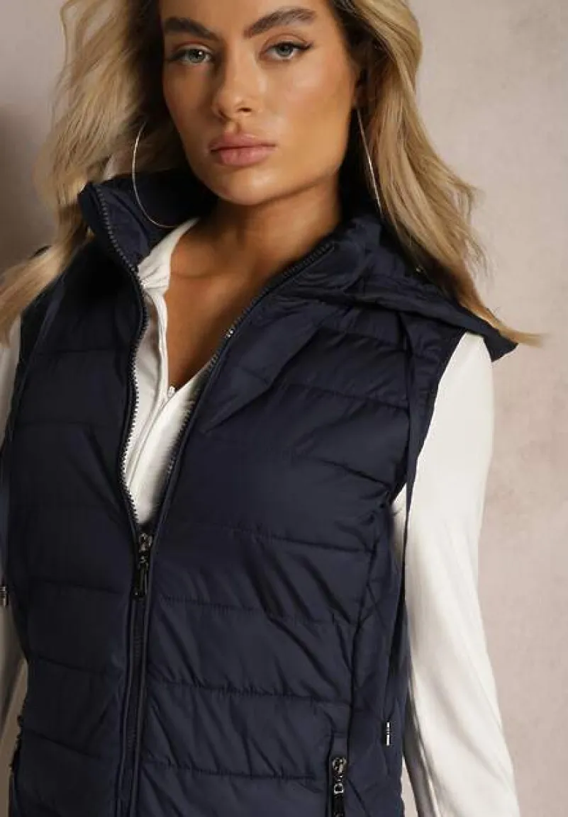 Granatowa Pikowana Kamizelka z Odpinanym Kapturem Lasathi