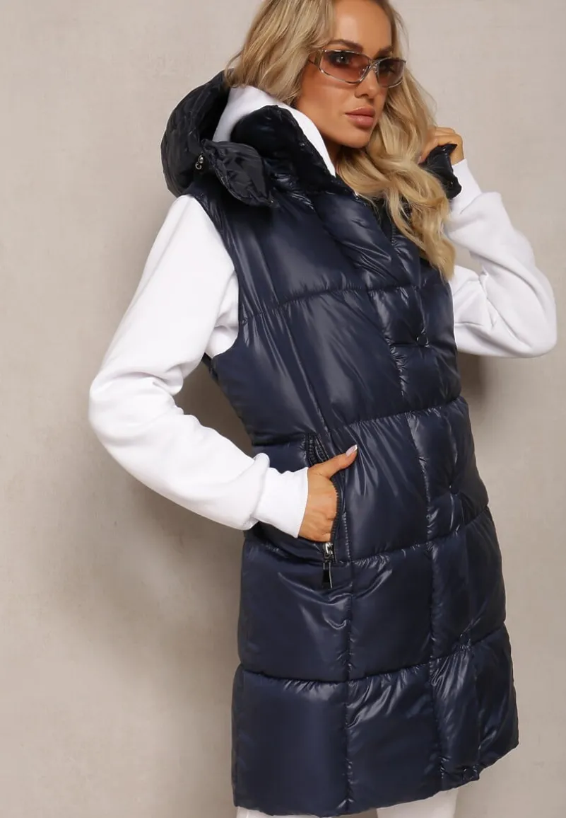 Granatowa Pikowana Kamizelka z Zasuwanymi Kieszeniami i Odpinanym Kapturem Cianefela