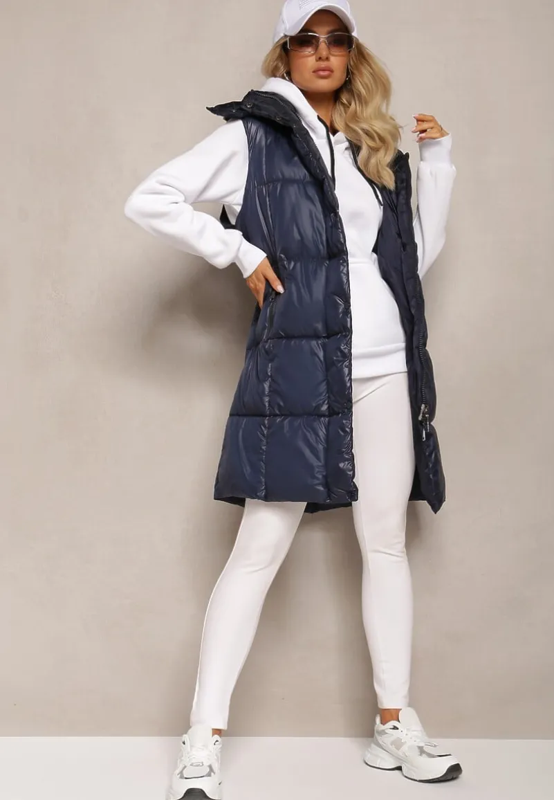 Granatowa Pikowana Kamizelka z Zasuwanymi Kieszeniami i Odpinanym Kapturem Cianefela