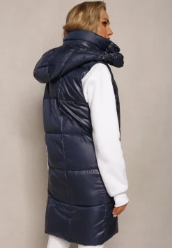 Granatowa Pikowana Kamizelka z Zasuwanymi Kieszeniami i Odpinanym Kapturem Cianefela