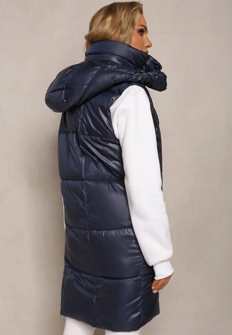 Granatowa Pikowana Kamizelka z Zasuwanymi Kieszeniami i Odpinanym Kapturem Cianefela