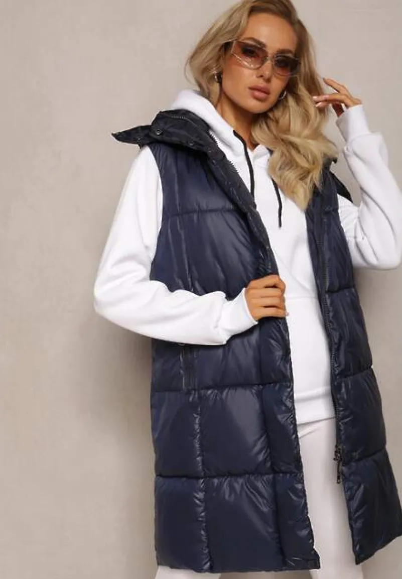 Granatowa Pikowana Kamizelka z Zasuwanymi Kieszeniami i Odpinanym Kapturem Cianefela