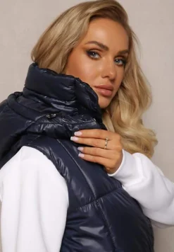 Granatowa Pikowana Kamizelka z Zasuwanymi Kieszeniami i Odpinanym Kapturem Cianefela