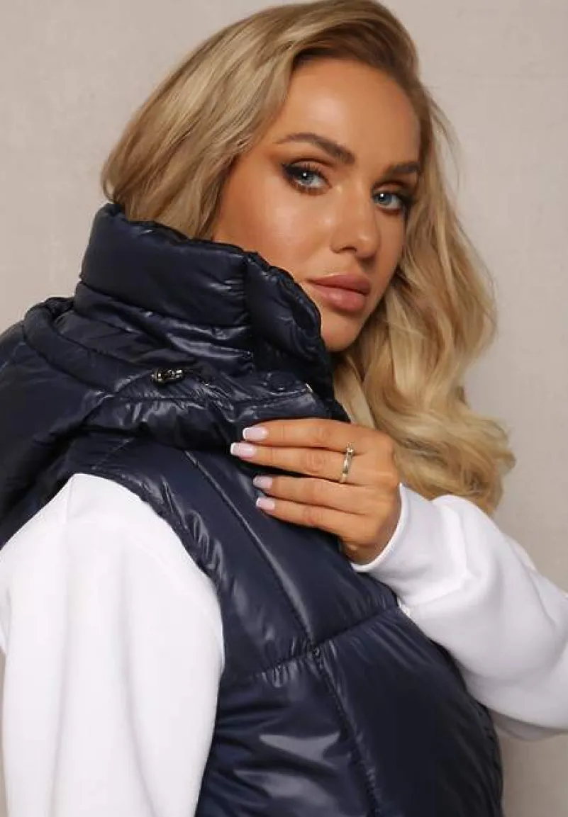 Granatowa Pikowana Kamizelka z Zasuwanymi Kieszeniami i Odpinanym Kapturem Cianefela