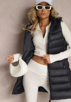 Granatowa Pikowana Kamizelka z Odpinanym Kapturem Samore